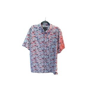 Men’s fish patterned button down camp shirt… Red, white, and blue…XL